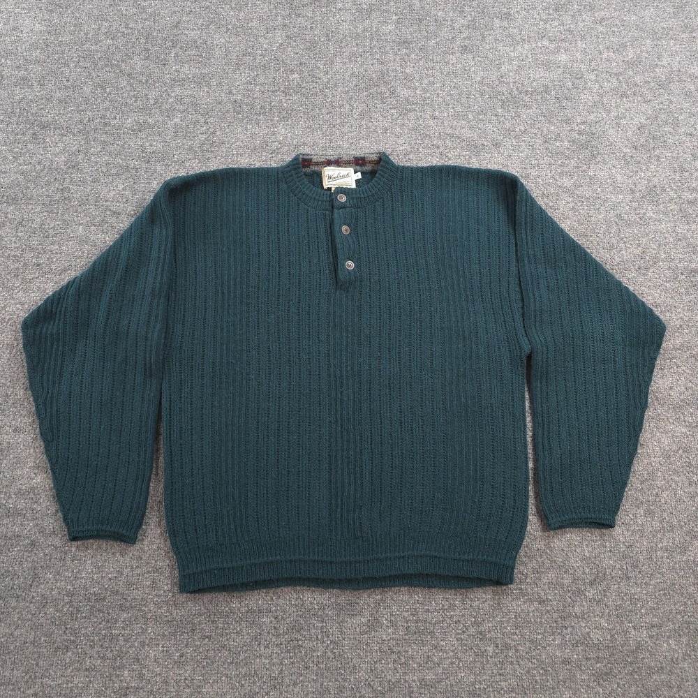 Vintage Woolrich Sweater Mens XL Green Alpine 100% Wool Henley Knit Pullover